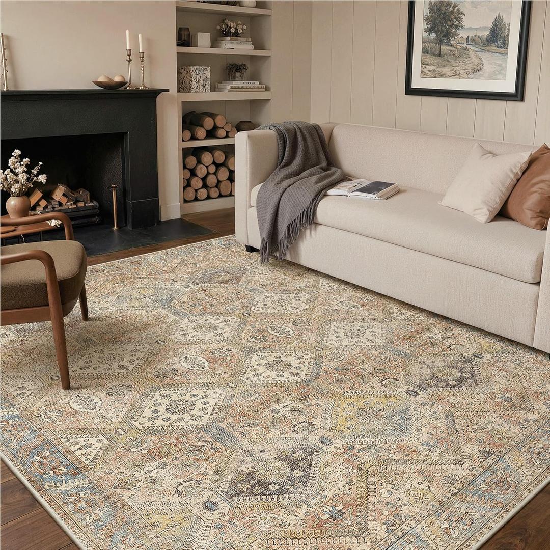 GENIMO 6x9Area Rugs for Living Room, Machine Washable Non Slip Vintage Rugs, Low Pile Lightweight Print Rug for Bedroom, Dining Room, Home Office, Warm Brown