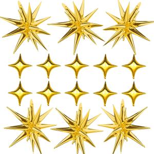 Gold Star Foil Balloons Kit - 6 Pack 12 Point Starburst Cone and Spike Balloons With 10Pcs Four Pointed Stars for Wedding, Baby Shower, Photo Booth, Birthday Party Supplies