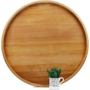 30 Inches Extra Large Round Teak Wood Ottoman Tray with Handles, Serve Tea, Coffee, Classic Circular Wooden Decorative Serving Tray