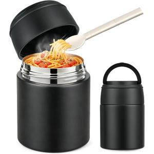 10oz Soup Thermo for Hot Food Kids Insulated Food Jar with Spoon Wide Mouth Stainless Steel Hot Food Container Leak Proof Kids Thermo for School Travel Picnic Black