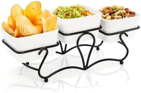 Eorbow 3 Pieces Square Bowl Chip & Dip Serving Set, 7 OZ Ceramic Condiment Server with Metal Stand, Serving Dish Tray for Party Entertaining, Small Snack Platters for Side Dish Appetizer Nuts