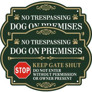 No Trespassing Dog On Premises Keep Gate Shut Sign - 2 Pack, 10 x 7 Rust Free Aluminum Keep Gate Closed Sign, Weatherproof, Fade Resistant, Easy Mounting.