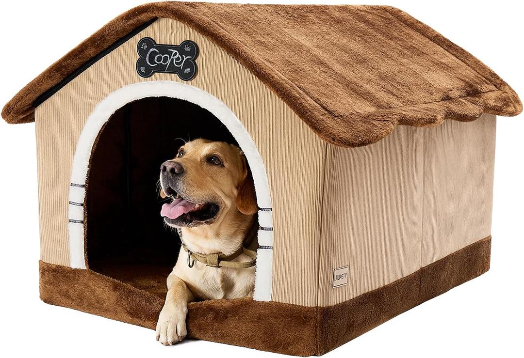 Jiupety Indoor Dog House with Frame, Large Dog Cave Bed, Insulated Cozy, Suitable for 60-100 lb, Jumbo (38"30"28"), Brown