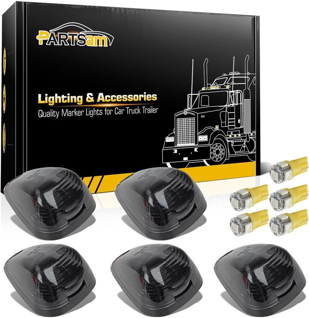 Partsam 5X Smoke Cab Marker Top Roof Light + 5X Amber T10 LED Lights Assembly Compatible with E150 E250 E350 E450 F150 F250 F350 F450 F550 Super Duty with Stock Cab Light 1999-2016