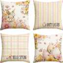 2 x AVOIN colorlife Happy Easter Eggs Bunny Plaid Throw Pillow Covers, 18 x 18 Inch Hello Spring Floral Cushion Case Decoration for Sofa Couch Set of 4
