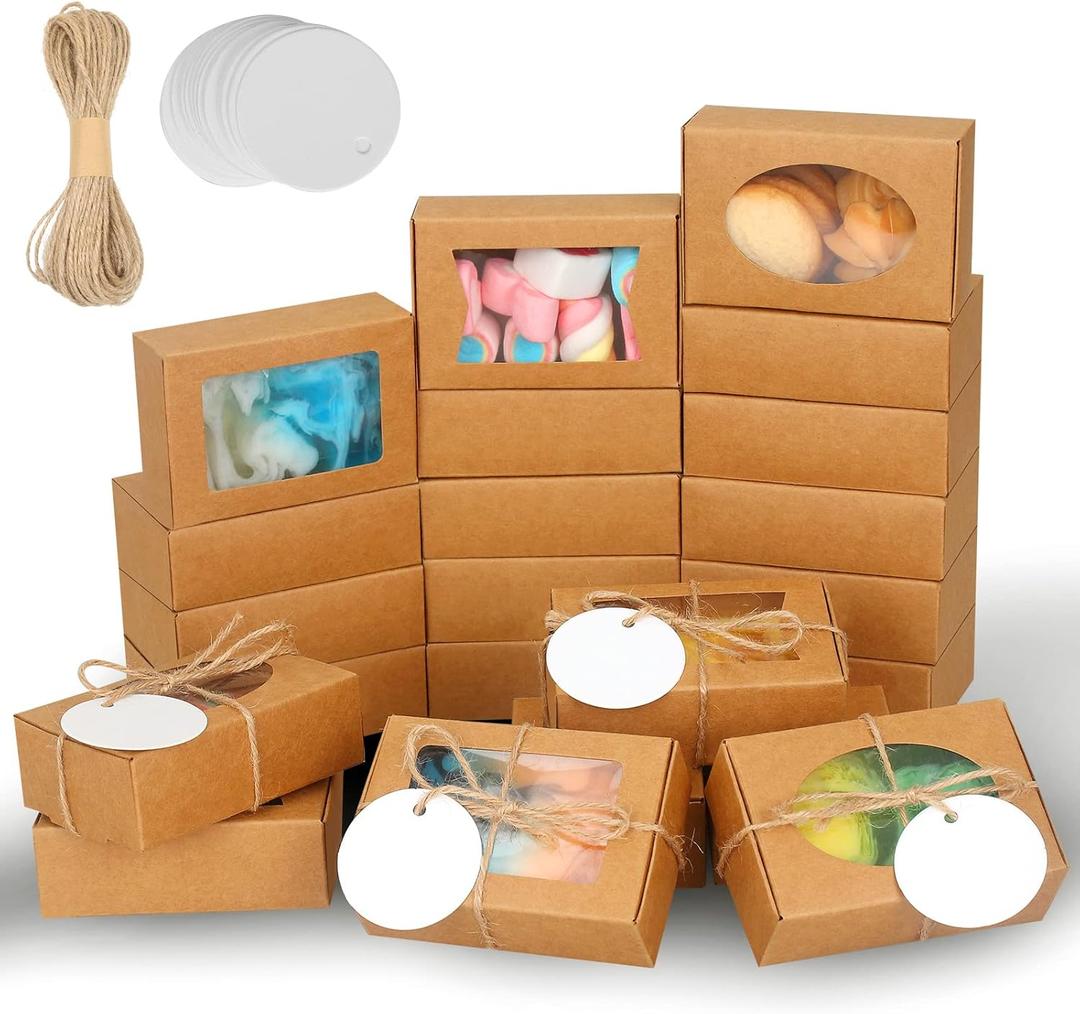 COTOPHER Soap Box, 100Pcs Small Soap Packaging Boxes 3.5x2.35x1.2 Inch Mini Kraft Boxes with Window Soap Boxes for Homemade Soap Candy Chocolate Bakery Cookies Soap Packaging (Brown)