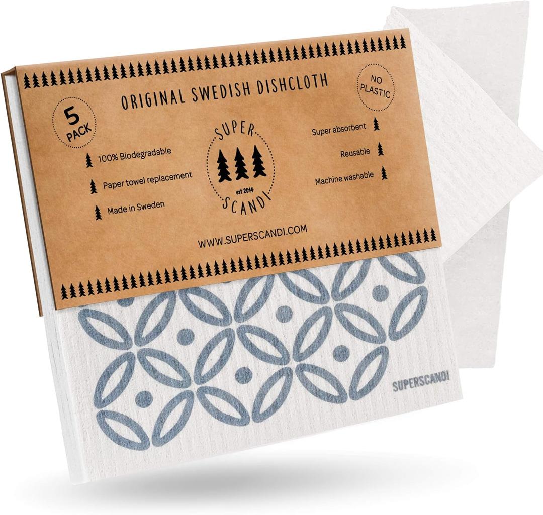 SUPERSCANDI 5 Pack Swedish Dishcloths for Kitchen - 100% Biodegradable & Compostable Reusable Paper Towels Washable, Food-Safe & Without Plastic - Dish Rags Suitable for Any Surface, Artdeco Blue