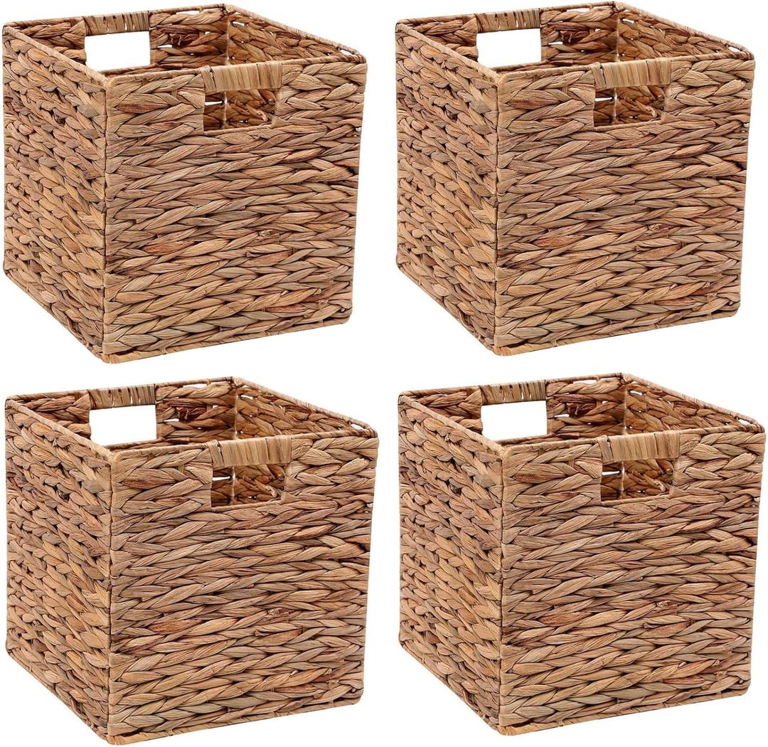 Storage Baskets 11x11inch Cube Baskets 4 pcs Baskets,Foldable Handwoven Water Hyacinth Laundry Organizer,Cube Storage Baskets