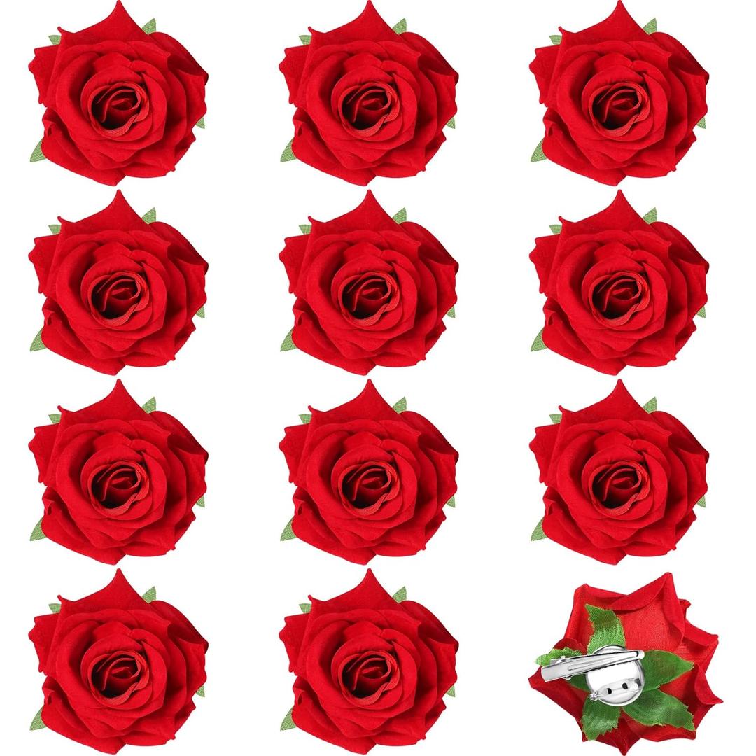 Yilloog 12 Pack Rose Hair Clip Flower 2.8'' Hairpin Floral Brooch Floral Hairclips Mexican Flowers Hairpin Party Supplies for Women Rose Hair Accessories Wedding Pack(Red)