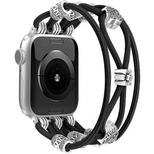 Newlibery Beaded Bracelet Compatible with Apple Watch Band 40mm 41mm 38mm 42mm(S10/11) Women Boho Braided Solo Loop Nylon Stretchy Dressy Replacement Strap for iWatch Series 11/10/9/8/7/6/5/4 SE 3/2/1