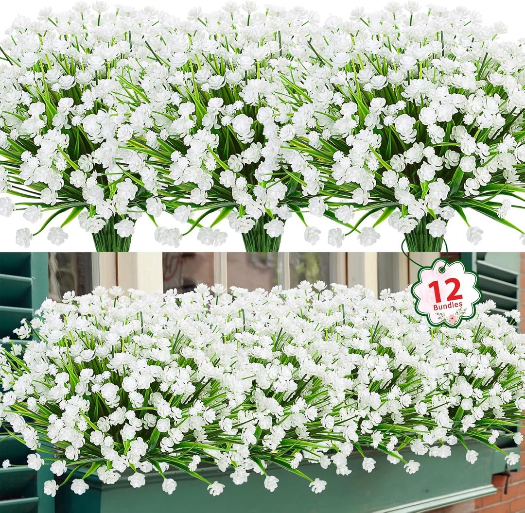 Ouddy Decor 12 Bundles Artificial Flowers for Outdoors UV Resistant Fake Plastic Plants Faux Greenery Stems for Spring Summer Indoor Garden Patio Window Box Kitchen Home Decor, White