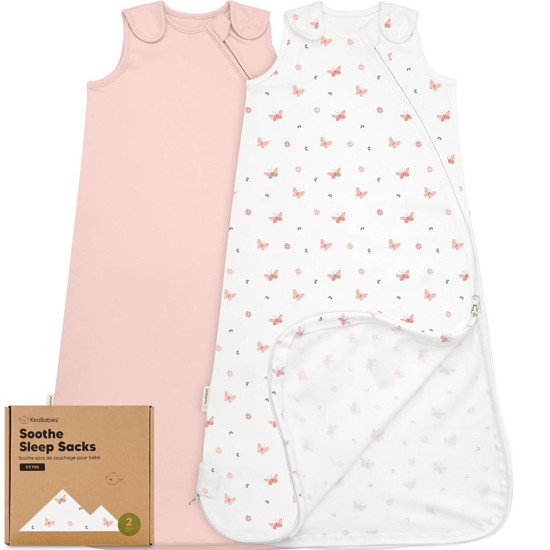 2-Pack Organic Baby Sleep Sacks, 100% Cotton - Soft & Breathable 0.5TOG Baby Wearable Blanket, Toddler Sleeping Sack 6-18M, Easy to Wear Transitional Swaddles for Newborns (Butterflies, M)