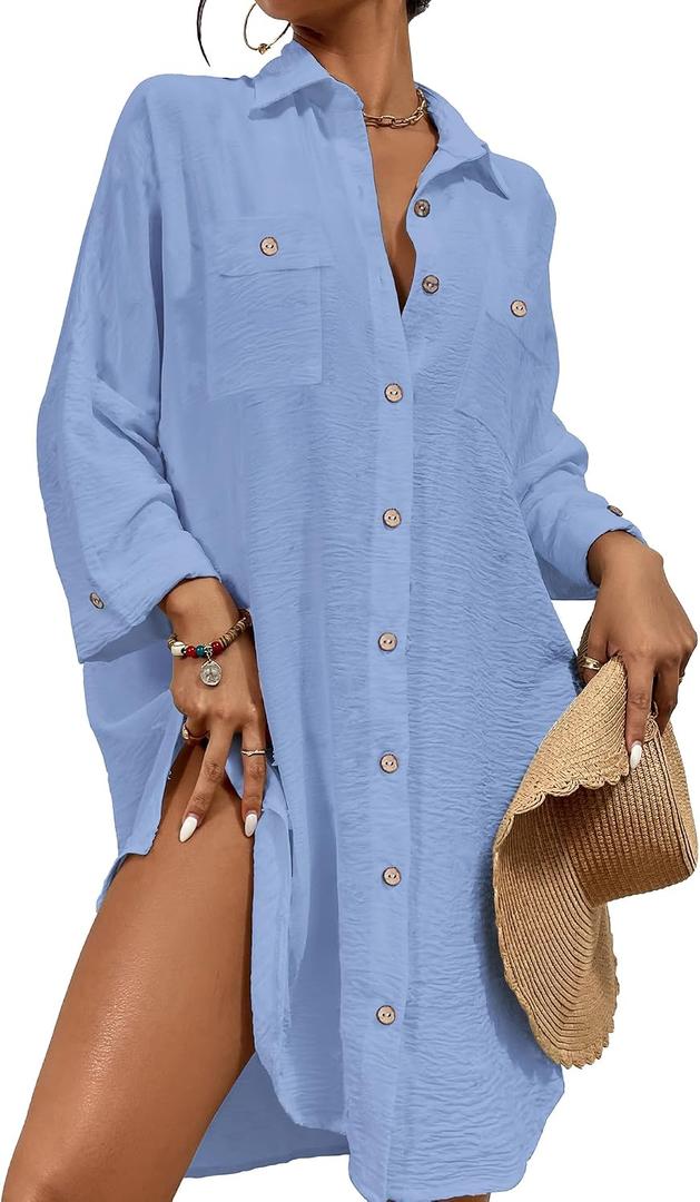 Bsubseach Womens Modern Swimsuit Cover Up Blouse Button Down Shirt Dresses Tops Sky Blue XS