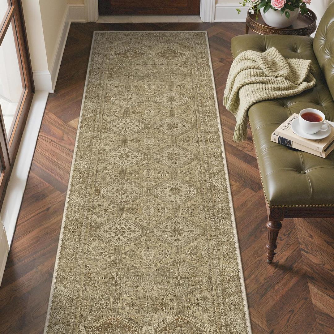 2x5 Runner Rug for Hallway Entryway Kitchen Rug Washable Runner Brown | Vintage Print Carpet, Low Pile Lightweight Rugs with Non Slip Backing for Home Office Dining Room