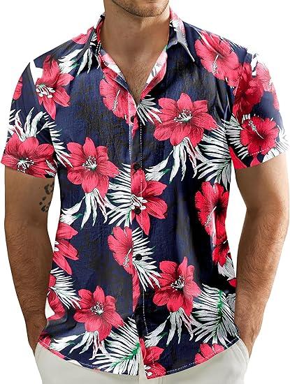 JOGAL Men's Flower Casual Button Down Short Sleeve Hawaiian Shirt (3X-Large, Navy)
