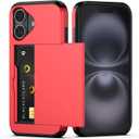 Nvollnoe Compatible with iPhone 16 Case with Card Holder Heavy Duty Protective Dual Layer Shockproof Hidden Card Slot Slim Wallet Phone Cover for iPhone 16 for Women&Men 6.1 inch(Red)