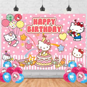 Hello Cat Birthday Decorations,Cartoon Anime for Party Decorations Supplies,Kitty Happy Birthday Banner Backdrop for Party Supplies (5x3ft)
