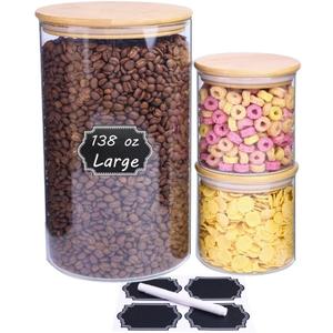 Set of 3 Glass Food Storage Containers with Bamboo Lids, Clear Glass Canisters Sets with Bamboo Lid, Airtight Kitchen Jars or Countertop, Coffee Beans (SET2)