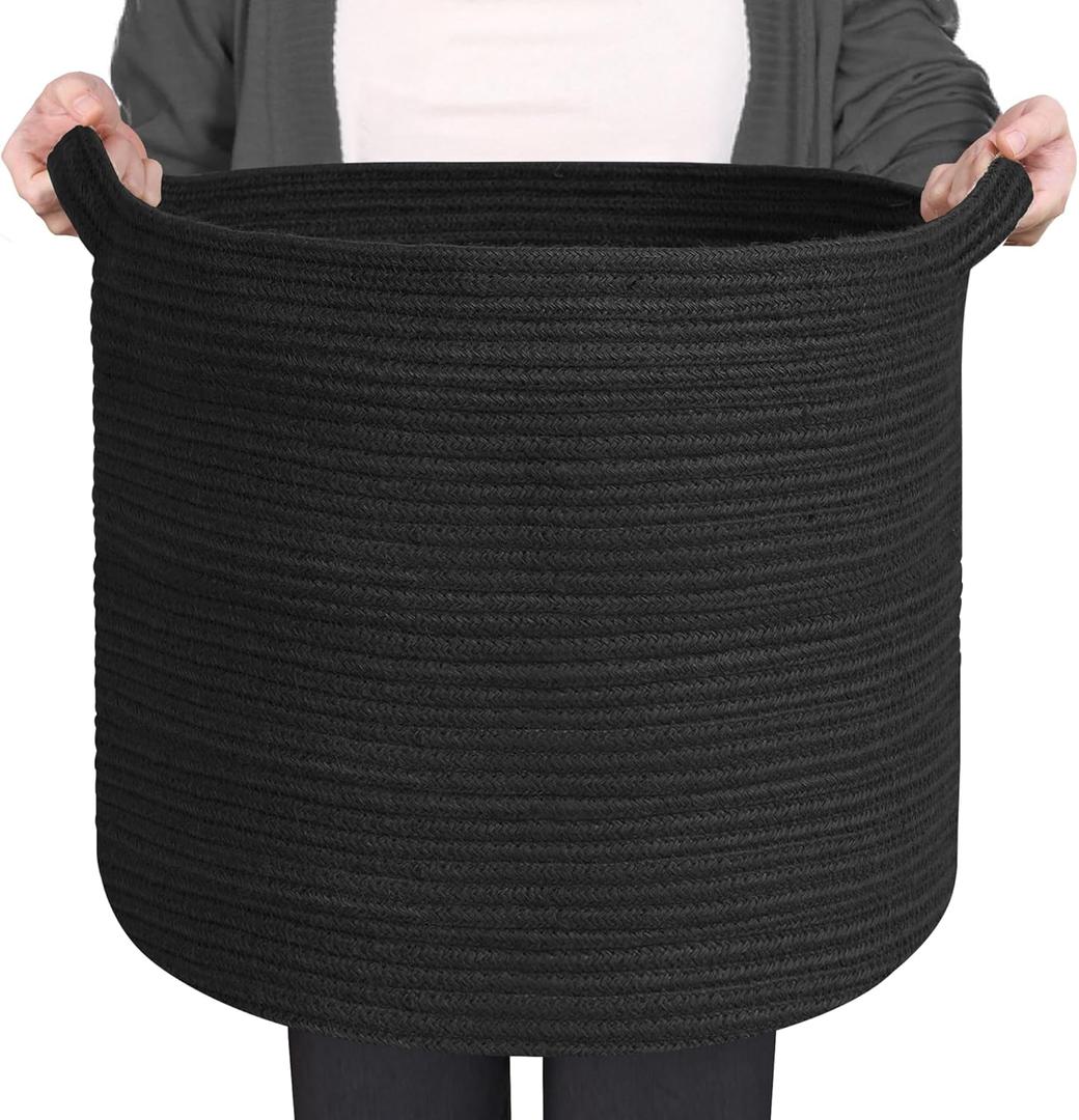 Large Black Storage Basket, 16" x 14" Cotton Rope Baskets for Storage, Blanket Storage Living Room, Big Woven Laundry Basket, Dog Kids Toy Box Organizer, Round Floor Shoe Towel Bin