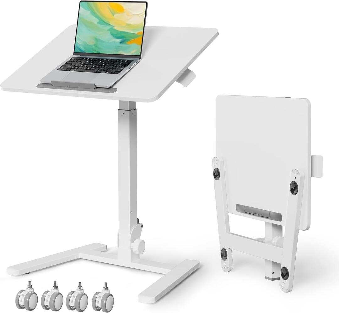 Gibbon Mounts Foldable Standing Desk，Small Mobile Sit-Stand Desk with 90 Tiltable Top，Rolling Rising Laptop Workstation Adjustable Height，Portable Table on Hidden Wheels/4 Lockable Casters，White, 25.6"W x 18.9"D x 28.5"H