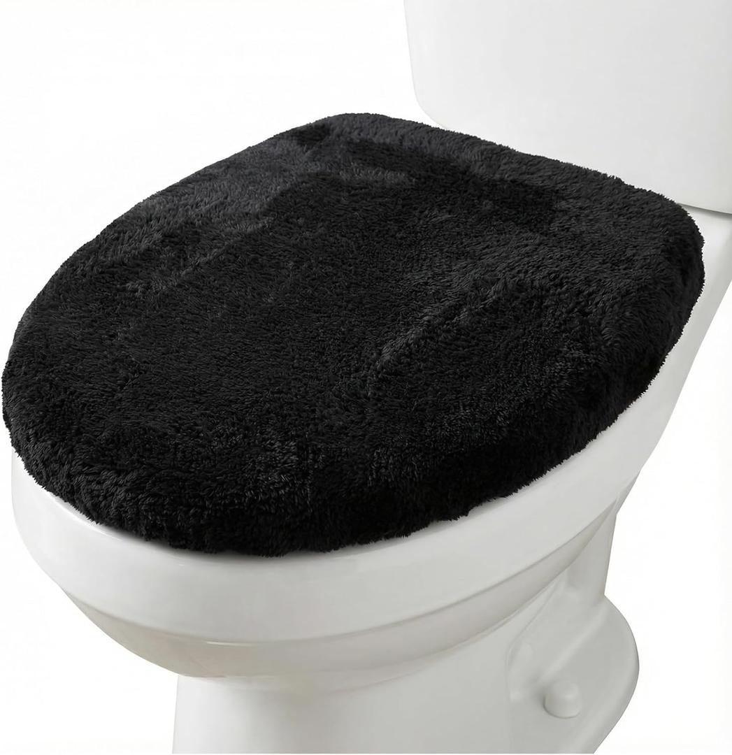 1 PCS Toilet Seat Lid Cover Microfiber Soft Velvet Toilet Cover Durable Adjustable Stretch Fuzzy Seat Covers with Elastic Bottom Absorbent Machine Washable Comfortable for Most Toilets Lids(Black)