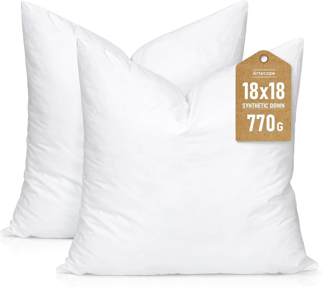Artscope Synthetic Down Pillow Insert, 18x18 Down Alternative Throw Pillow Insert. Ultra Soft Fluffy Sleeping Pillow with 100% Cotton Cover, Decorative Pillows Set of 2-White.