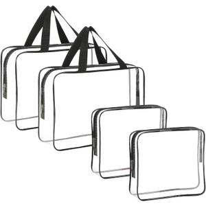 4-Piece Large Makeup Bags - Clear Plastic PVC Tote Bags with Zipper Handle - Portable Travel Luggage Pouch - Airport Airline Vacation Organization (Black)