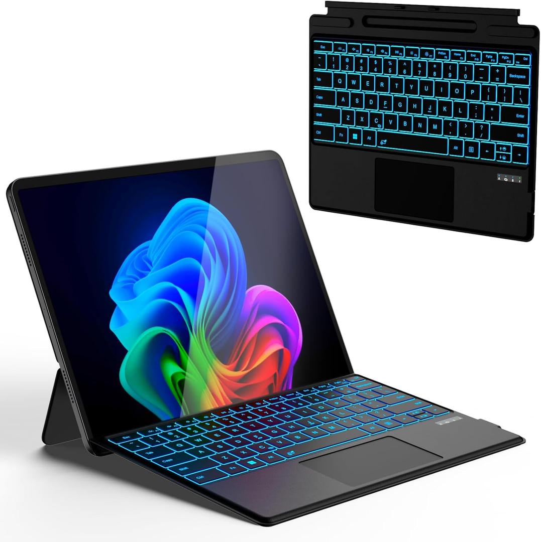 Surface Pro Keyboard for Pro 11/10/9/8/X, Wireless Bluetooth Surface Keyboard with 12 Gesture Touchpad, 7 Colors Backlit, Smart Sleep/Wake, Rechargeable Battery& USB-C Charging