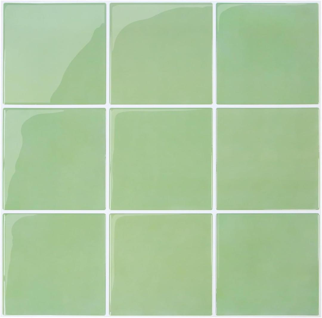 Upgraded Thicker Green Peel and Stick Backsplash,10 Pcs of 12''x12'', 3D Square Peel and Stick Tile Stickers Vinyl Backsplash Kitchen Bathroom Waterproof Removable