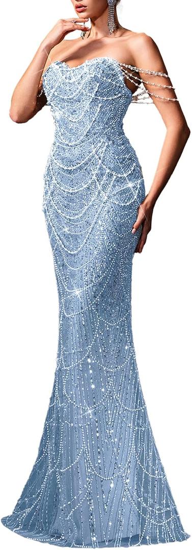 VOUIAO Women's Strapless Champagne Evening Gown Beaded Bodycon Maxi Dress for Prom Party Cocktail Wedding Light Blue M