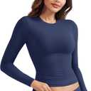 YEOREO Long Sleeve Shirts for Women y2k Tops Double Lined Basic Tee Crew Neck Going Out Sweeney Workout Undershirt (X-Small, Deep Blue)