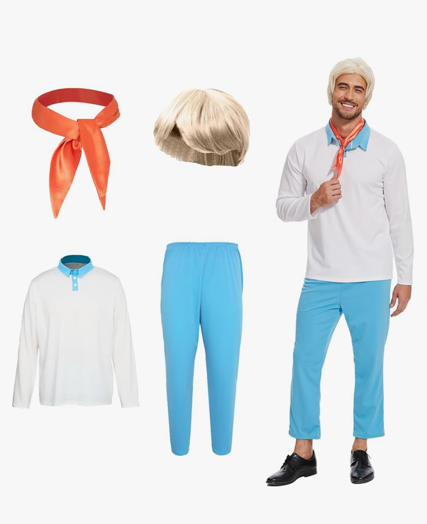 Men Classic Movie Set Adult Halloween Costume Long Sleeve Shirt with Wig Orange Scarf and Trousers XL