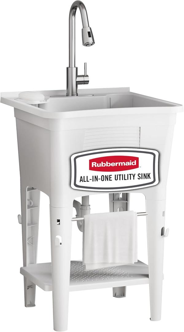 Rubbermaid Utility Sink Laundry Tub, Freestanding All-in-One Sink with Premium Stainless Steel Sprayer Faucet, for Laundry Room, Basement, Garage, 24.1" L x 24.1" W x 52.5" H, White, 24.1 x 24.1 x 14 inches