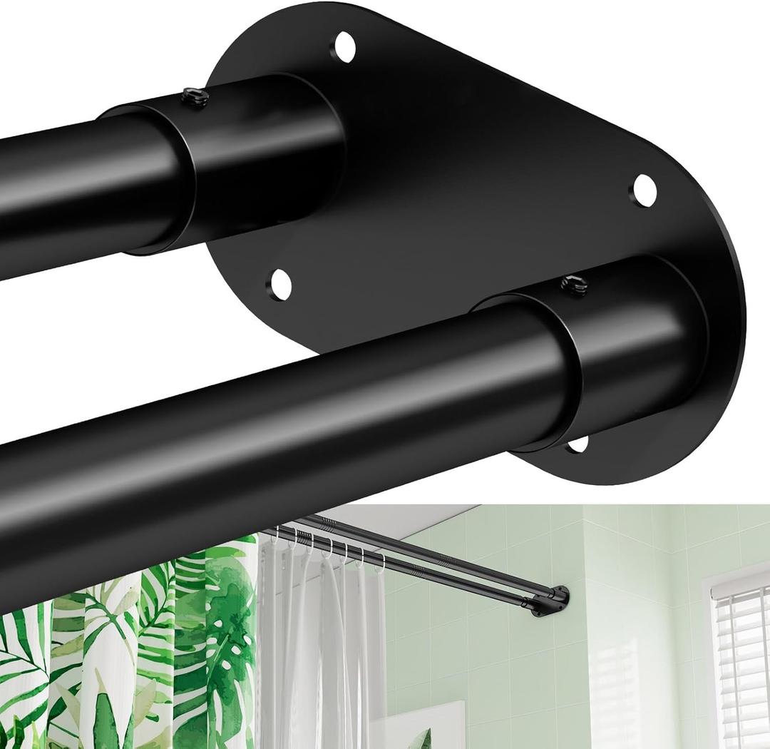 Double Shower Curtain Rod, Adjustable 28 to 76 Inches Wall Mounted Double Shower Rod Rustproof, Black Shower Curtain Pole for Bathroom, Laundry Room, Bathtub 