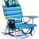 Portable Beach Chair for Adults, Outdoor Camping Chair Lay Flat Folding Backpack Beach Reclining Chair with 5 Positions, Headrest, Cup Holder, Heavy Ocean Striped