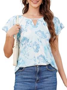 ENMAIN Womens Summer Tops V Neck Short Sleeve Casual Ruffle Blouses Dressy Light Blue Floral Tops Work Business Shirts 2026 Trendy Outfits to Wear with Leggings 2XL