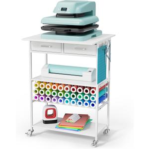 Homsorout Movable Heat Press Table - Heat Transfer Machine Stand Compatible for Cricut, Vinyl Roll Holder, Rolling Metal Wood Sublimation Printer Organizer for T Shirt Maker Craft, 23.6''19.6''