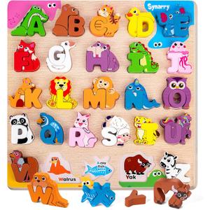 SYNARRY Wooden Alphabet Puzzle, 52 Pieces ABC Puzzles for Kids Ages 3-5, Alphabet ABC Letter Blocks Puzzles for Toddlers 3-5, Animals Letter Matching Preschool Learning Toys, Easter Gifts for Kids