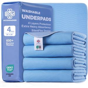 Accompagner Waterproof Reusable for Adults and Pets Washable Pee Pads for Dogs Changing Pad Large Dog Bed Size Adults Incontinence Bed Pads - Non-Slip Leak-Proof (Blue, 4Pack-36" x36")