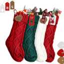 RFAQK 18 Inches Large Christmas Stockings 4 Pack - Burgundy Red, Ivory White, Green - Stretchable Knitted Xmas Stockings with 50Pcs Personalizeable Gift Tags for Family Holiday Christmas Decor