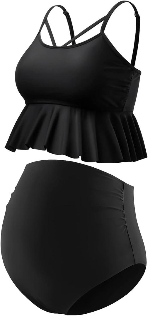GINKANA Maternity Bikini Two Piece Swimsuits Ruffle High Waisted Maternity Bathing Suit Summer Pregnancy Swimwear (Medium, Black)