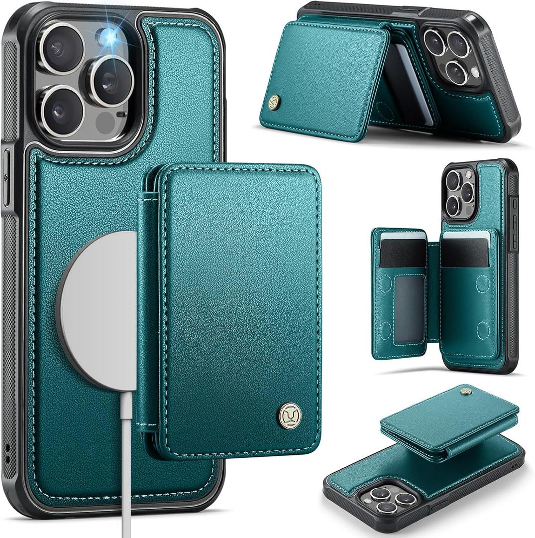 Compatible with Magsafe for iPhone 15 Pro Wallet Case Magnetic Card Holder, RFID Blocking 2 in 1 Detachable Kickstand Shockproof Case for Apple iPhone 15 Pro, Bluish Green