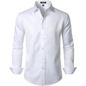 JEMITOP Men's Stretch Wrinkle Free Dress Shirt Formal Prom Wedding Long Sleeve Button Down Shirts (White, M)