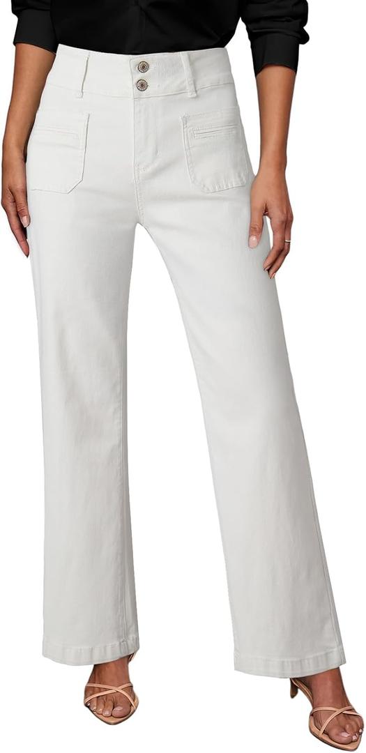 Sidefeel Women's Wide Leg Jeans High Waisted Tummy Control Stretchy Pockets Front Straight Leg Jeans (6, White)