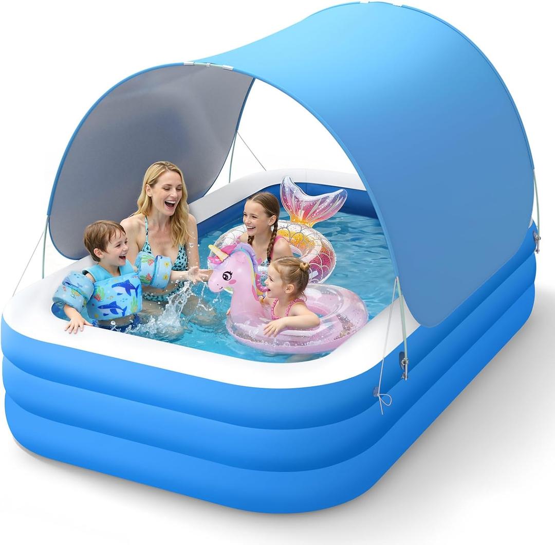 Moko Inflatable Swimming Pool with Canopy, 102"x75"x23" Large Above Ground Blow Up Pool with Shade for Adults Kids Kiddie Toddler, Big Foldable Family Pools for Backyard Garden, Blue/WhiteXL