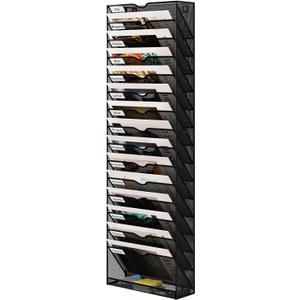 16 Tier Hanging Wall File Holder, Metal A4 Wall Mounted Document Holder, Vertical Hanging Mail Organizer, Magazine Storage Rack with Tray for Office Home Classroom, Black