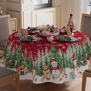 XCHI Snowman Gingerbread Man Tree Winter Tablecloth Round Christmas Table Cloth Washable Table Covers for Indoor Dining Home Party Xmas Decorations 70x70 Inch