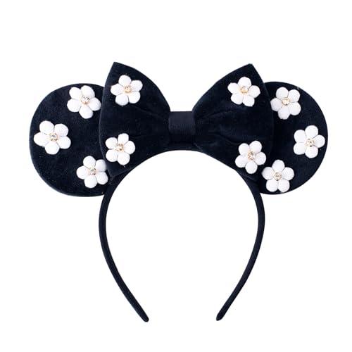 PAITTY Pearl Mouse Ears Bow Headbands for Girls Kids Sparkle Hair Band Ear Headband Party Princess Trip Cosplay Costume Decor (Black Flower)