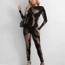 Women Long Sleeve Floral Fishnet Jumpsuit(Black, Small/Medium)