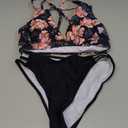 Fanuerg Women's Sexy V Neck Bikini Sets Hollow Out Two Piece Swimsuits Cutout Mid Waist Bathing Suit (XS,Black Floral)